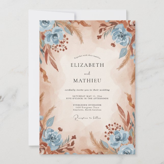 Terracotta Cornflower Leaf Wedding Invitation (Front)