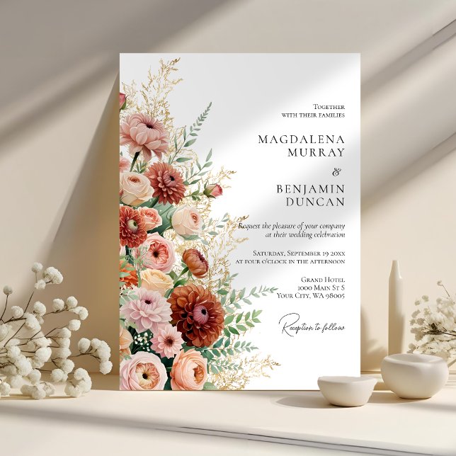 Terracotta Cream Blush Pink Garden Flowers Wedding Invitation (Creator Uploaded)