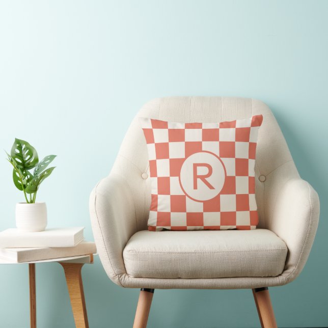 Terracotta Cream Chequered Pattern Custom Monogram Cushion (Chair)