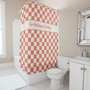 Terracotta Cream Chequered Pattern Custom Name Shower Curtain