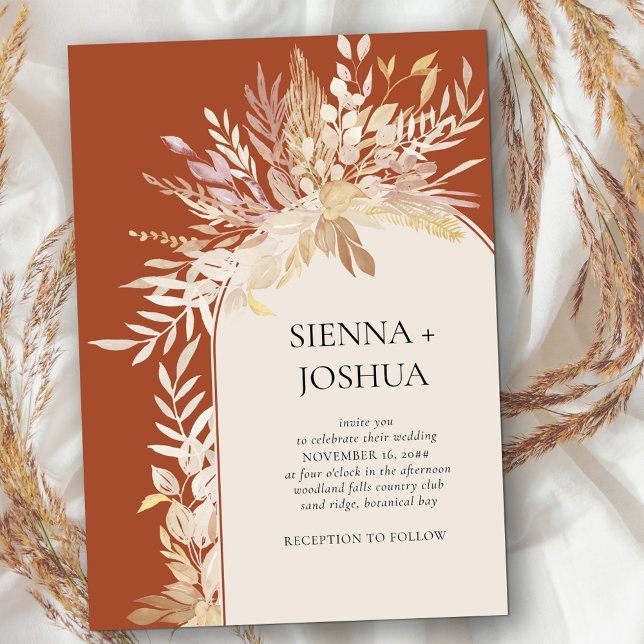 Terracotta Cream Elegant Botanical Arch Wedding Invitation (Simple modern wedding arch invitation in terracotta burnt orange with neutral fall leaves)
