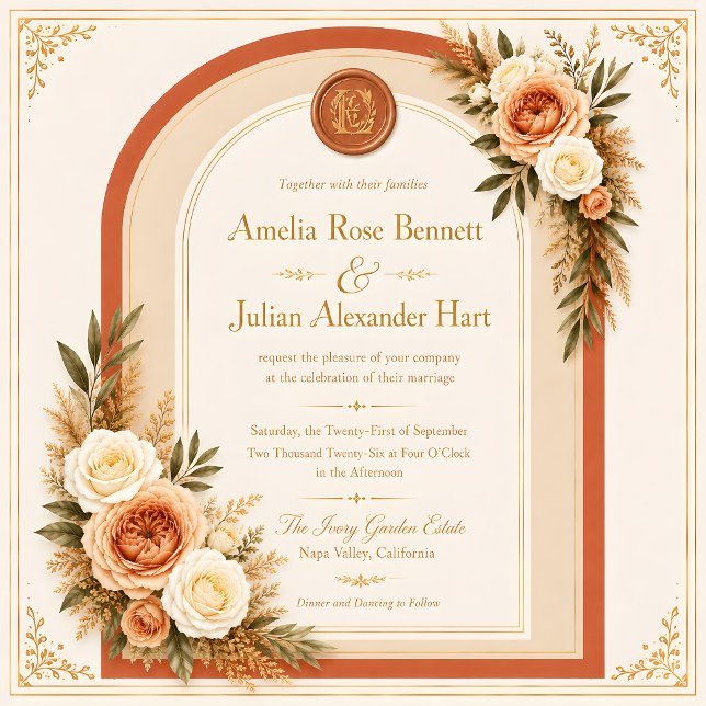 Terracotta Cream Floral Arch Monogram Wedding  Invitation (Creator Uploaded)