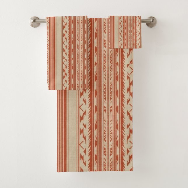 Terracotta Cream Modern Minimalist Stripe Boho Bath Towel Set (Insitu)