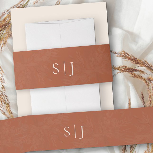 Terracotta Cream Simple Monogrammed Invitation Belly Band (Monogrammed belly band in terracotta burnt orange with leaf shadows)
