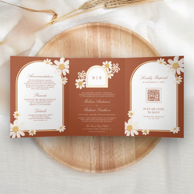 Terracotta Cream Yellow Daisy All in One Wedding Tri-Fold Invitation (Creator Uploaded)