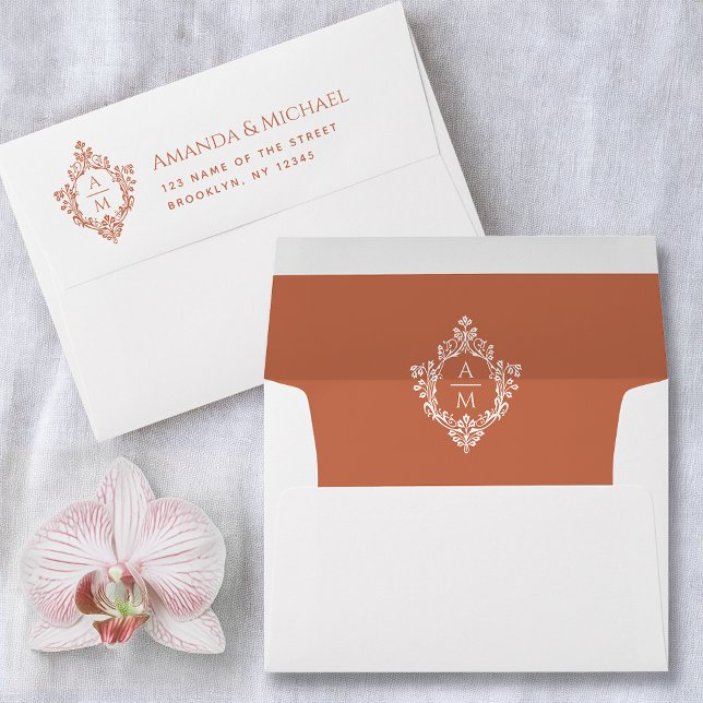Terracotta Crest Wedding Monogram Vintage Address Envelope (Creator Uploaded)