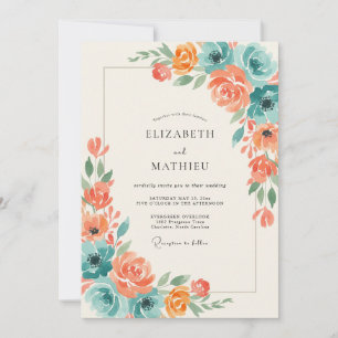 Terracotta Cyan Peony Wedding Invitation