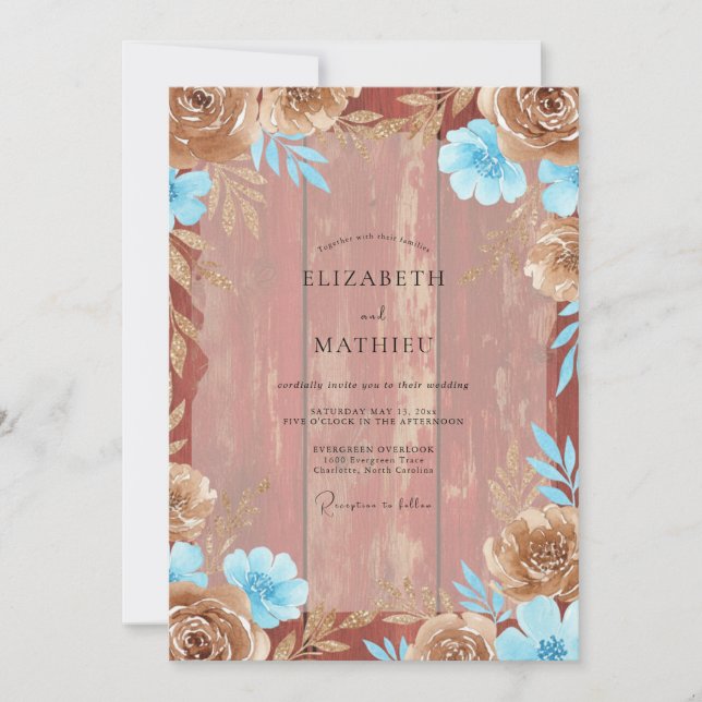 Terracotta Cyan Petal Wedding Invitation (Front)
