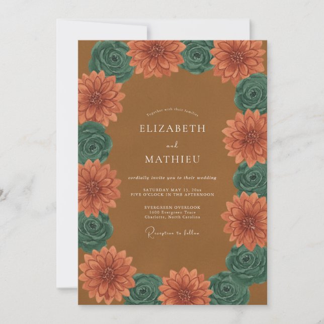 Terracotta Dahlia Bloom Romance Wedding Invitation (Front)