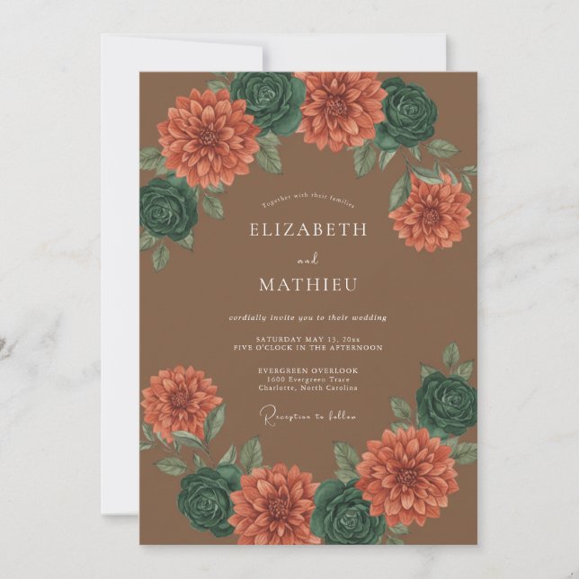 Terracotta Dahlia Botanical Romance Wedding Invitation (Front)