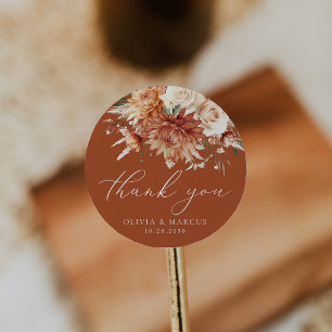 Terracotta Dahlia Rose Wedding Thank You Favour Classic Round Sticker