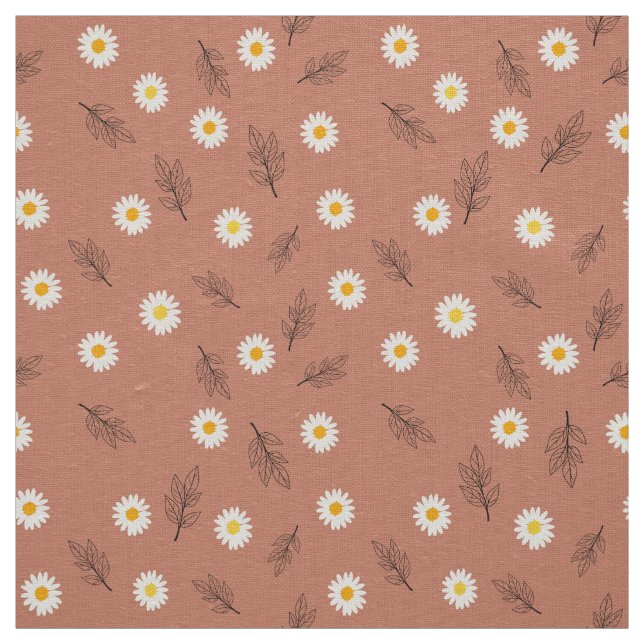 Terracotta Daisy Scatter Pattern Ivory Linen Fabric (Swatch)