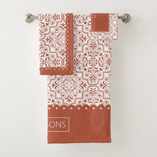 Terracotta damask pattern, scalloped borders bath towel set