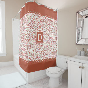 Terracotta damask scalloped borders monogram shower curtain