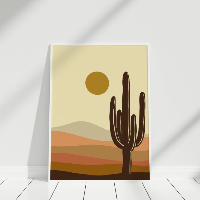 Terracotta Desert Cactus Landscape Wall Art Poster (Boho Burnt Orange Desert Landscape Poster against white wall in white frame.)