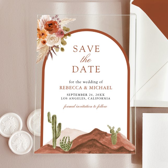 Terracotta Desert Cactus Wedding Save the Date Acrylic Invitations (Creator Uploaded)