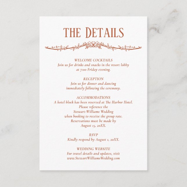 Terracotta Details Reception Information Wedding  Enclosure Card (Front)