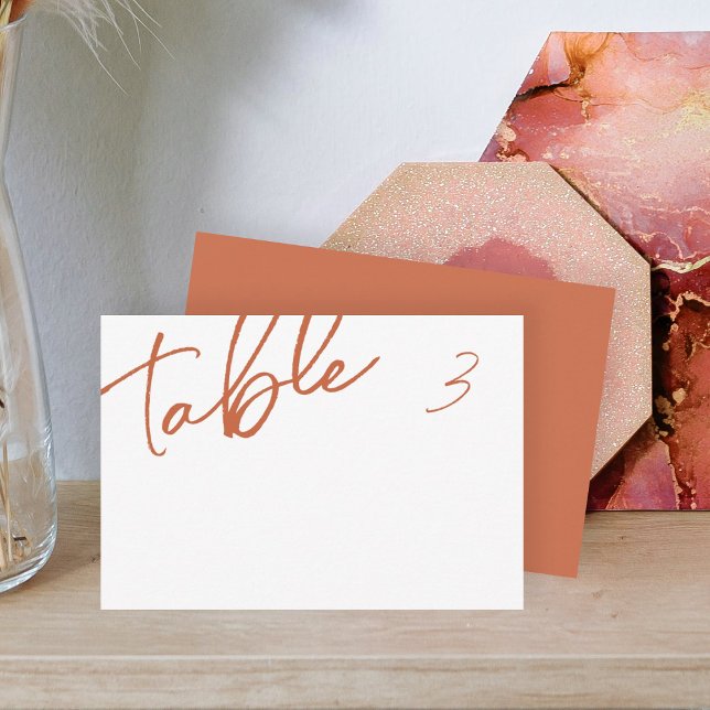 Terracotta Dinner Plate Name Place Card (elegant script calligraphy terracotta burnt orange wedding table place name card with table number)