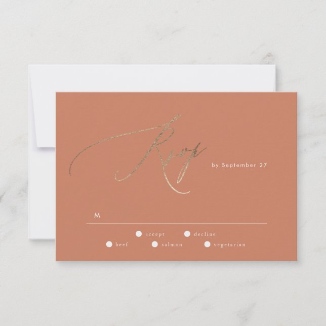Terracotta Dusty Orange Elegant Boho Gold Wedding RSVP Card (Front)