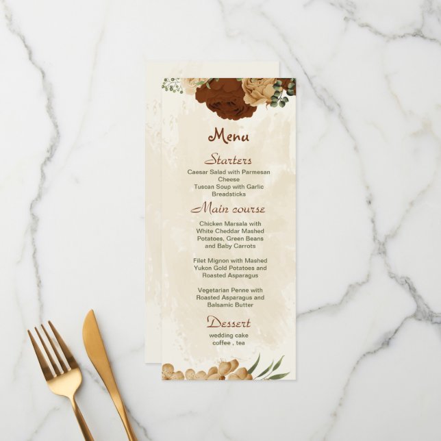 terracotta earth tone floral greenery wedding menu (Front/Back In Situ)