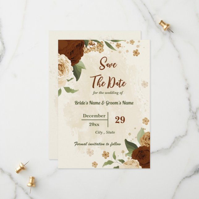terracotta earth tone floral greenery wedding save the date (Front/Back In Situ)