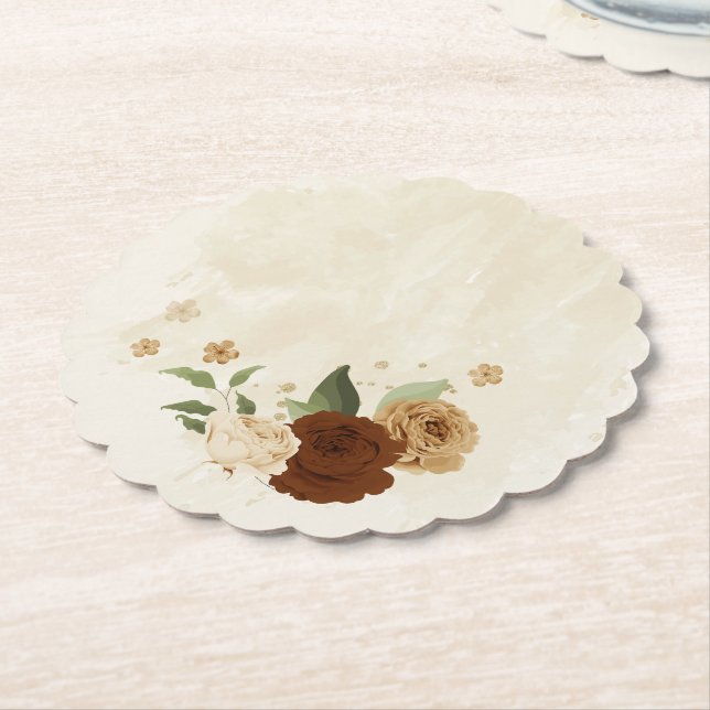 terracotta earth tone floral wedding paper coaster (Angled)