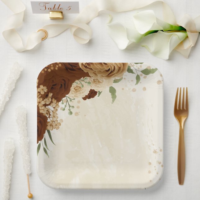 terracotta earth tone floral wedding paper plate (Wedding)