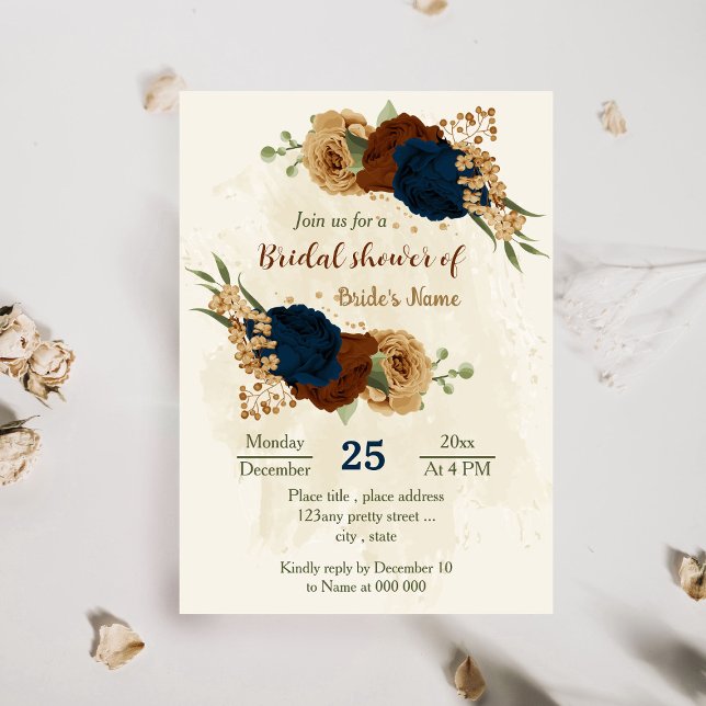 terracotta earth tone navy floral bridal shower invitation (Creator Uploaded)