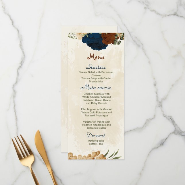 terracotta earth tone navy floral greenery wedding menu (Front/Back In Situ)