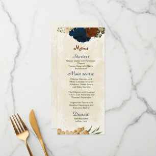 terracotta earth tone navy floral greenery wedding menu