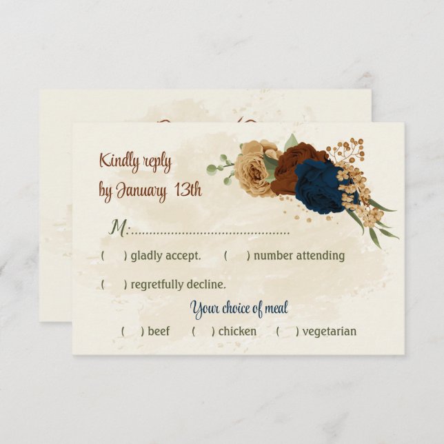 terracotta earth tone navy floral greenery wedding RSVP card (Front/Back)