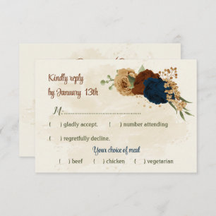 terracotta earth tone navy floral greenery wedding RSVP card