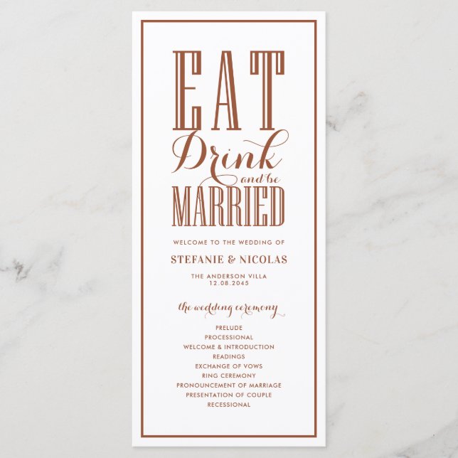 Terracotta Eat Drink and be Married Wedding Programme (Front)