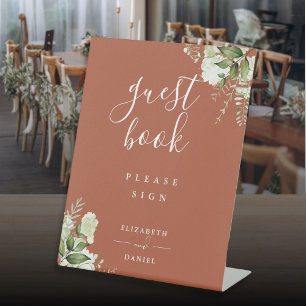 Terracotta Elegant Floral Greenery Guest Book Pedestal Sign