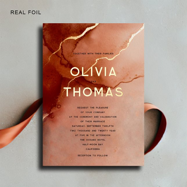 Terracotta Elegant Modern Beach Fall Wedding Gold (modern fall beach wedding invitation gold foil typography romantic elegant bohemian simple classy)