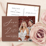 Terracotta Elegant Script Modern Save The Date  Announcement Postcard<br><div class="desc">Terracotta Elegant Script Modern Photo Simple Wedding Save The Date Announcement Postcard. Let your family, friends and colleagues know that you have set a date for your wedding celebration with this elegant, stylish and modern wedding save the date invitation card. All the texts are pre-arranged for you to personalise easily...</div>