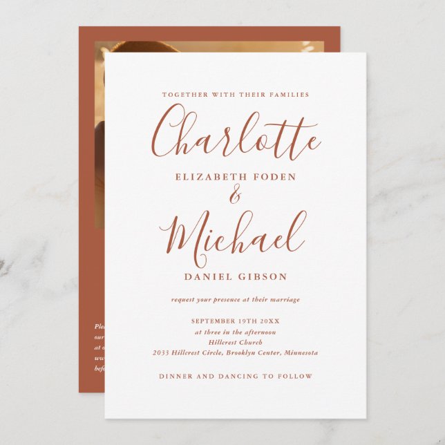 Terracotta Elegant Script QR Code Photo Wedding Invitation (Front/Back)