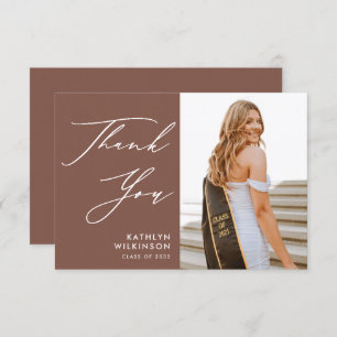 Terracotta Elegant Script Simple Photo Graduation Thank You Card