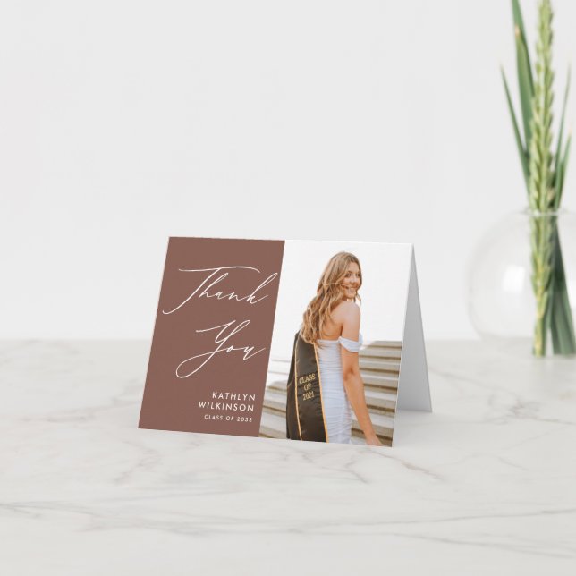 Terracotta Elegant Script Simple Photo Graduation Thank You Card (Front)