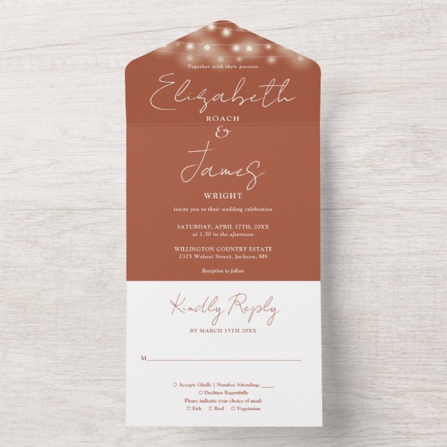 Terracotta Elegant Script String Lights Wedding All In One Invitation (Inside)