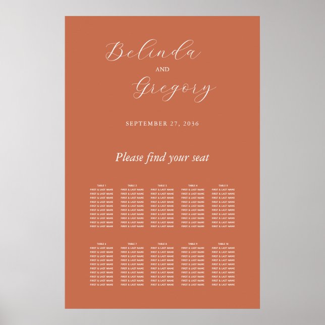 Terracotta Elegant Script Wedding Seating Chart (Front)