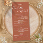 Terracotta Elegant Signature Script Wedding Menu<br><div class="desc">Simple modern terracotta signature script wedding menu card featuring signature style names,  this elegant menu card can be personalised with your details in white lettering. Designed by Thisisnotme©</div>