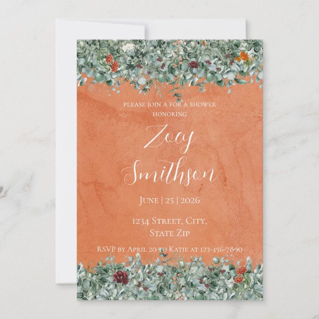 Terracotta Eucalyptus Burgundy Orange Floral Invitation (Front)