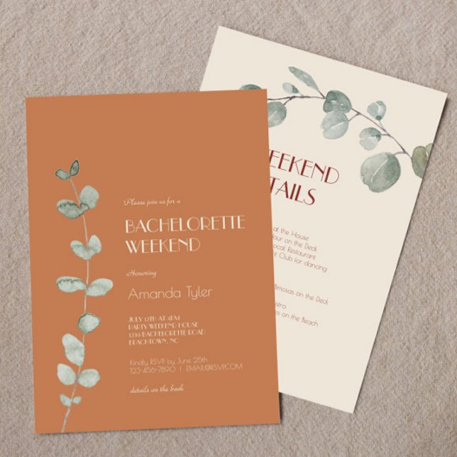 Terracotta Eucalyptus Deco Bachelorette Weekend Invitation (Creator Uploaded)