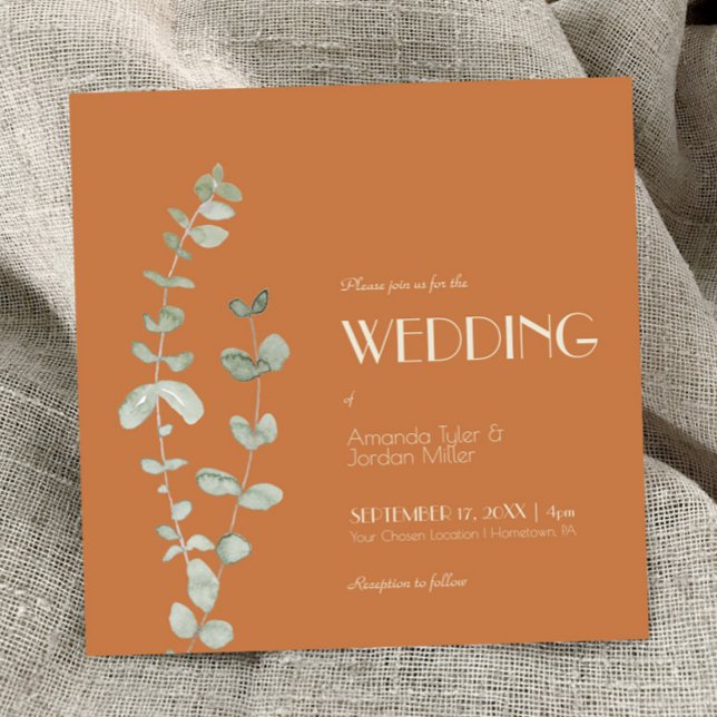 Terracotta Eucalyptus Deco Square Wedding Invitation (Creator Uploaded)