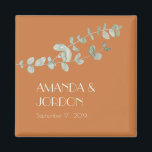 Terracotta Eucalyptus Deco Wedding Magnet<br><div class="desc">This Terracotta Eucalyptus Deco wedding magnet provides a minimalist boho, and rustic country, western, or desert theme. The simple sage green eucalyptus succulent foliage compliments the terracotta autumn background, while the art deco type combined with the botanical greenery and burnt orange backdrop creates a versatility to combine with other coloured...</div>
