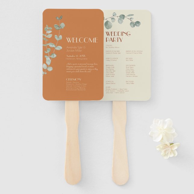 Terracotta Eucalyptus Deco Wedding Program Hand Fan (Front and Back)
