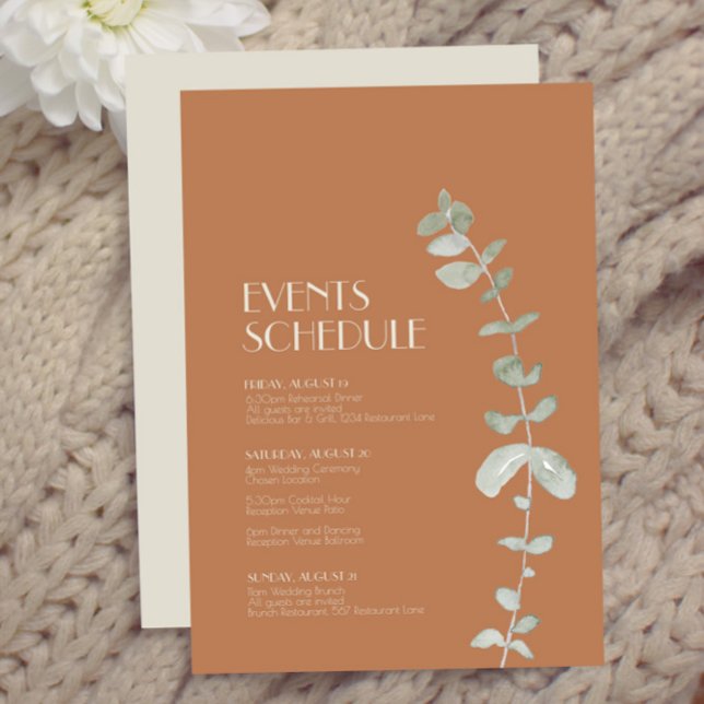 Terracotta Eucalyptus Deco Wedding Schedule Enclosure Card (Creator Uploaded)