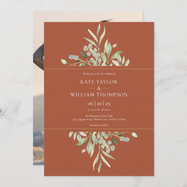 Terracotta Eucalyptus Greenery Photo Wedding Invitation (Front/Back)