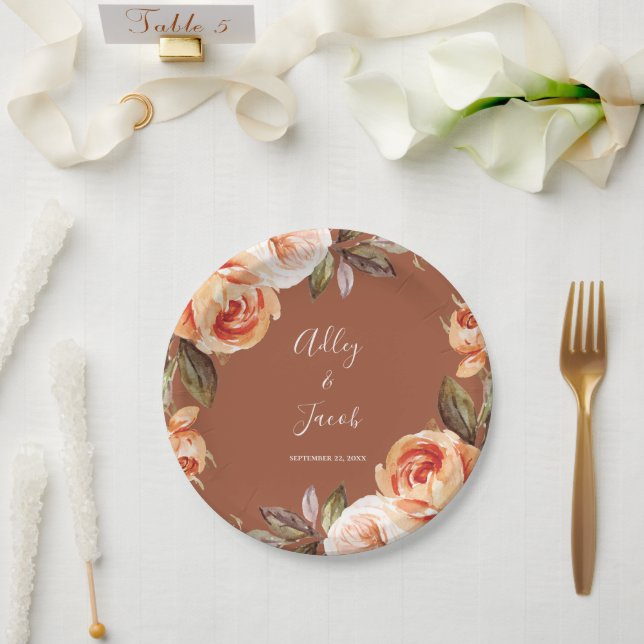 Terracotta Fall Boho Floral Wedding Paper Plate (Wedding)